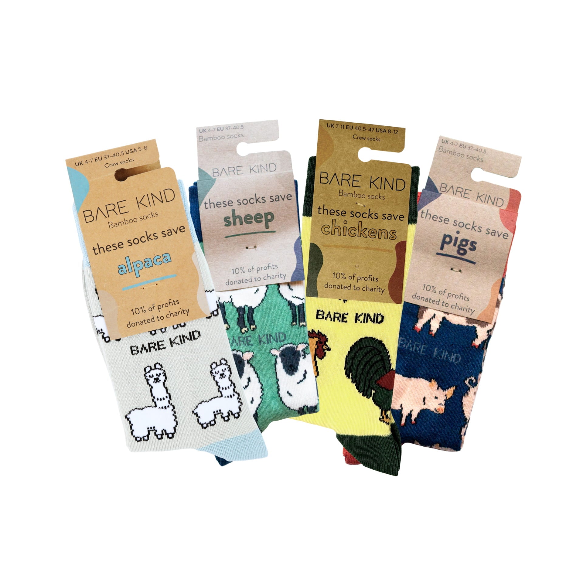 packagings of alpaca, sheep, chicken, pig bamboo socks