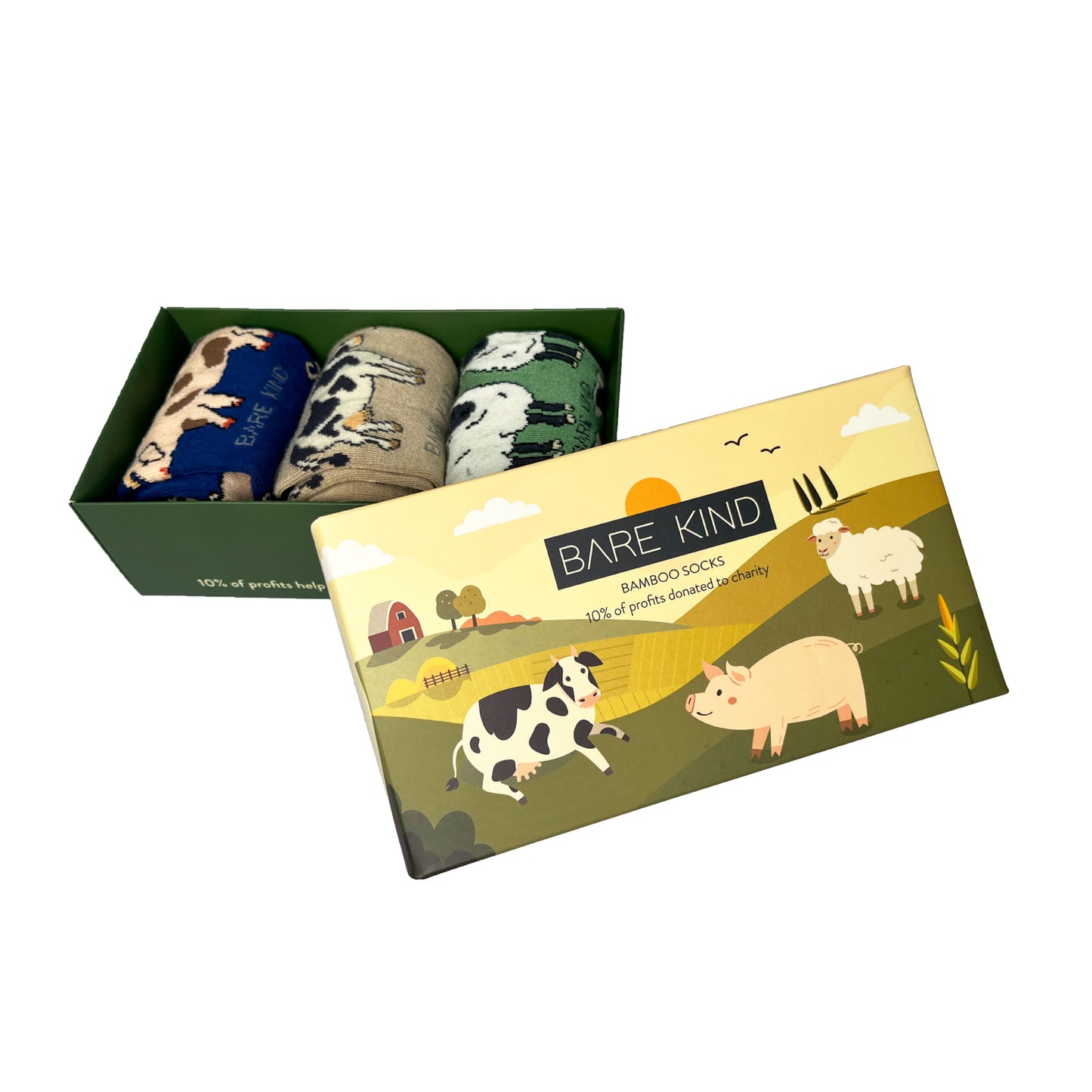 farm gift box which includes pig, cow, and sheep bamboo socks