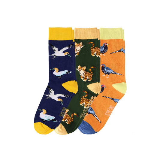 Three pairs of patterned crew socks displayed side-by-side on a plain white background.