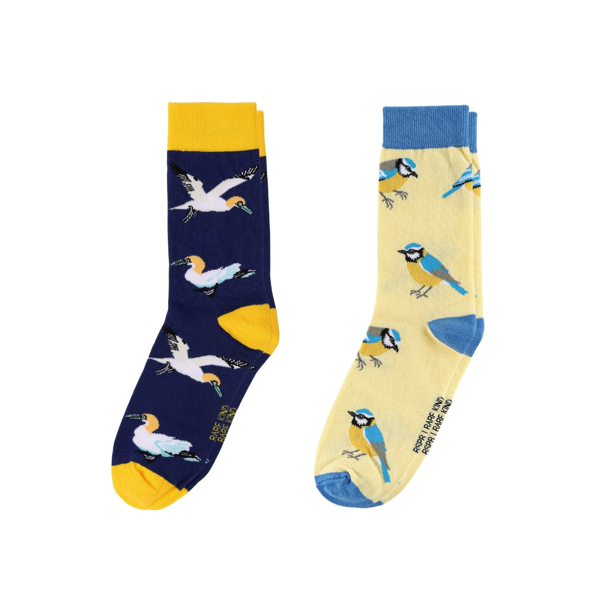 Two crew socks shown flat on a white background. One sock is navy blue with white, yellow, and black bird illustrations and yellow toe/cuff accents.