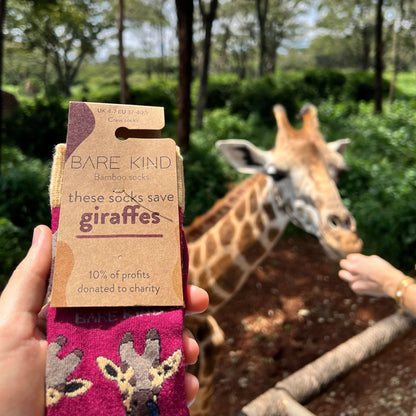 red giraffe bamboo sock packaging in front of a giraffe