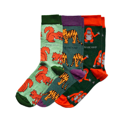 flat lays of green red squirrel, tiger and orangutan bamboo socks