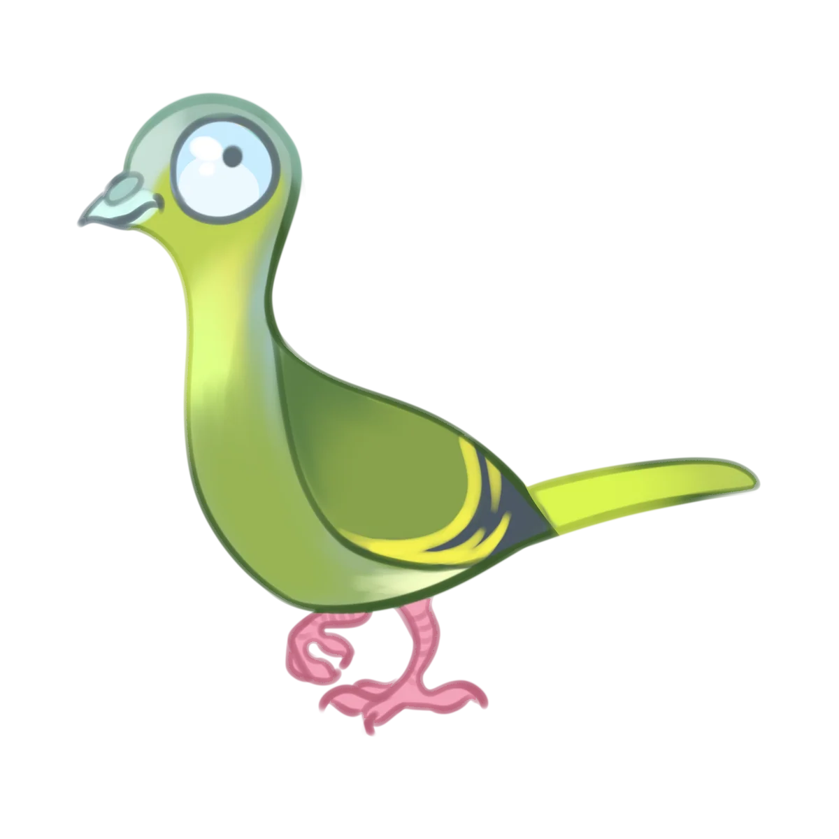 A cartoon-style green pigeon or dove with a large round eye, yellow wing detail, and pink legs on a plain white background.