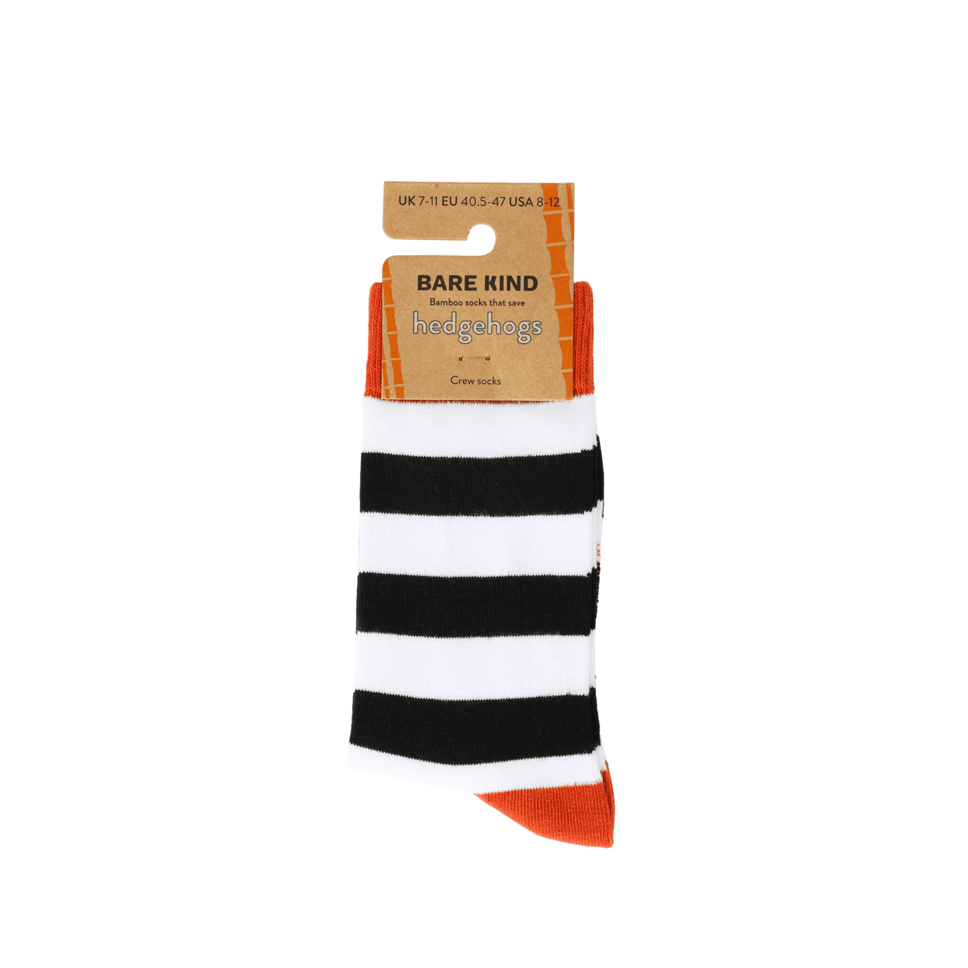 Black and white striped hedgehog socks with orange accents on a white background, featuring the Bare Kind brand.