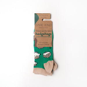 green hedgehog trainer socks in 100% recyclable packaging
