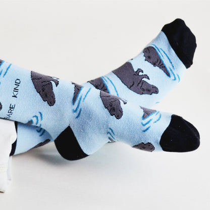 model wearing blue hippo bamboo socks