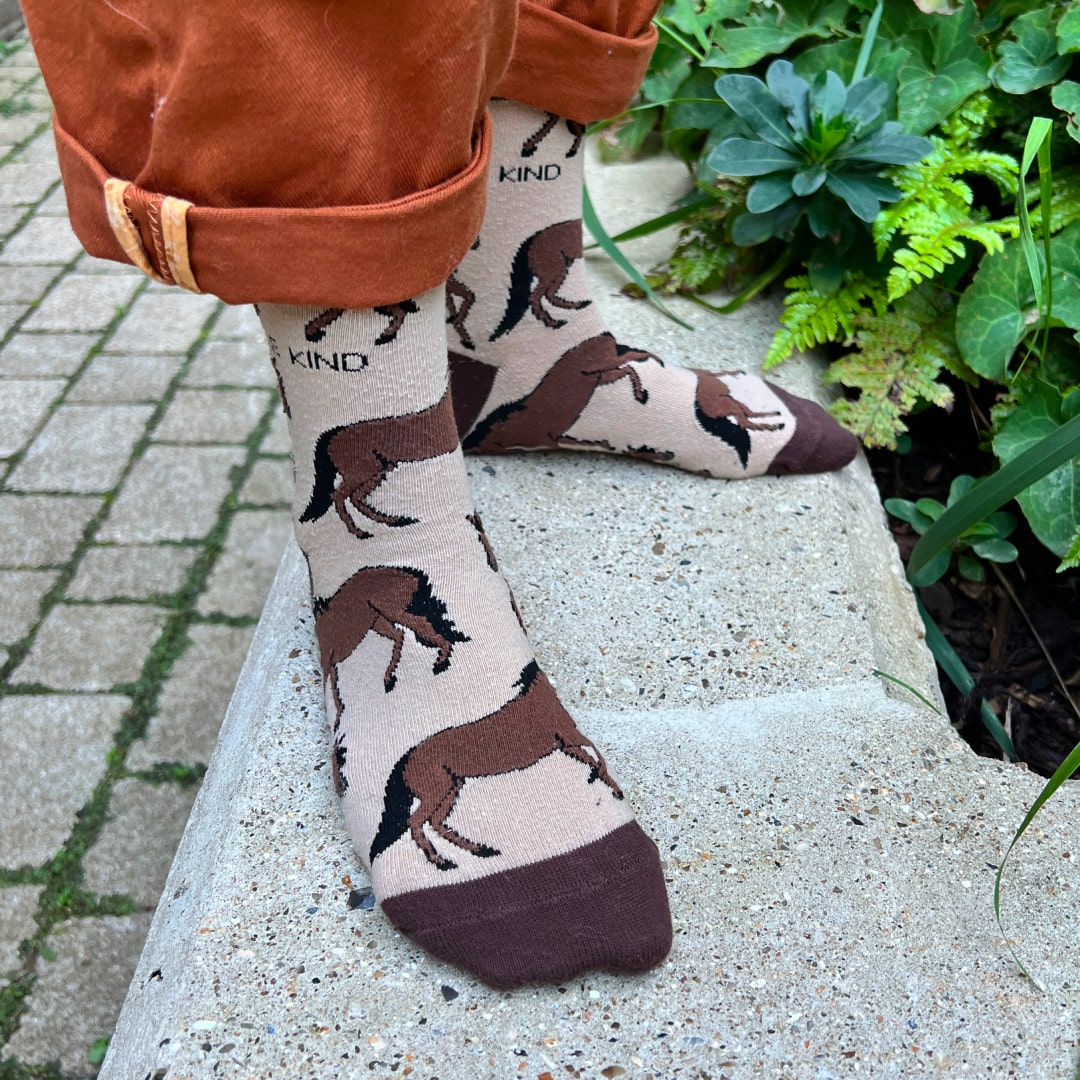 Bare Kind horses bamboo socks on model