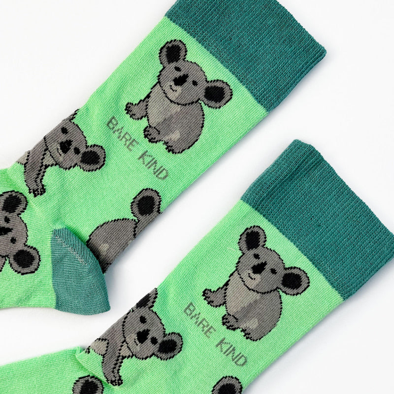 close up to flat lay of koala socks 