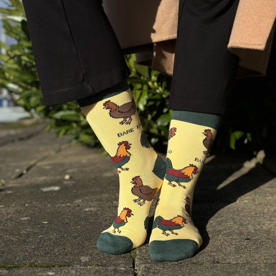 Bare Kind chickens bamboo socks on model