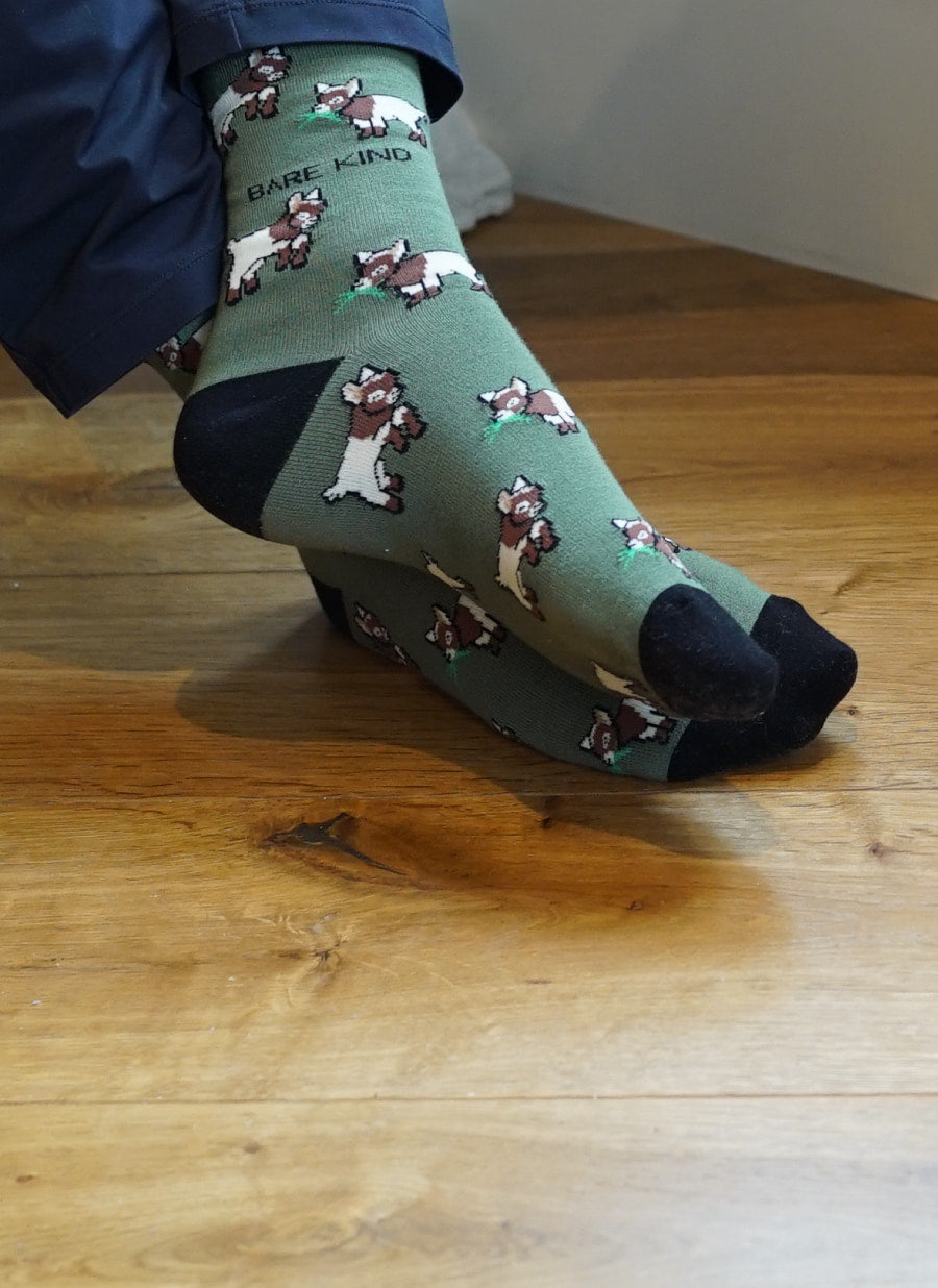 model wearing green goat bamboo socks