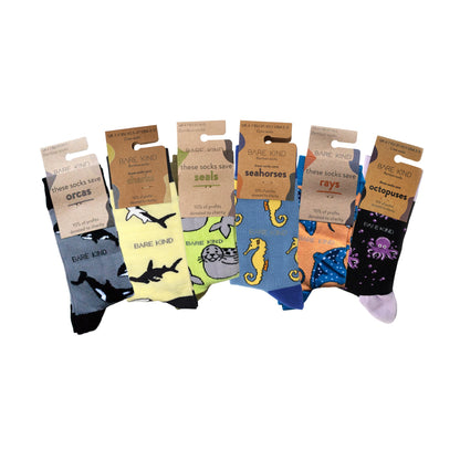 packaging flat lays of grey orca, yellow shark, green seal, blue seahorse, orange ray, purple octopus bamboo socks