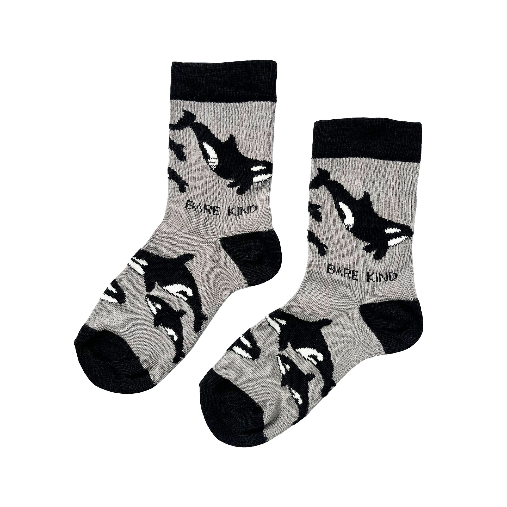 black and grey kids essential bamboo socks in orca design