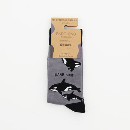 packaging of black and grey orca bamboo socks