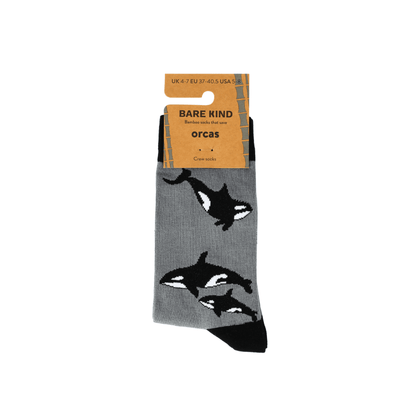 packaging of black and grey orca bamboo socks