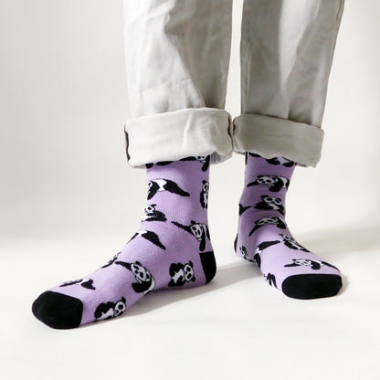 model wearing purple panda bamboo socks