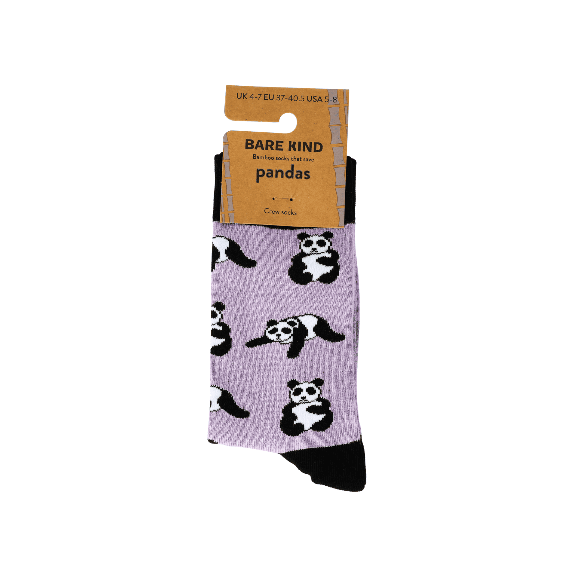 Purple socks with panda design on a white background, featuring 'Bare Kind' packaging.