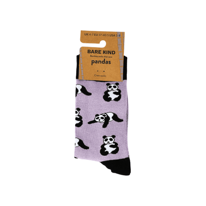 Purple socks with panda design on a white background, featuring 'Bare Kind' packaging.