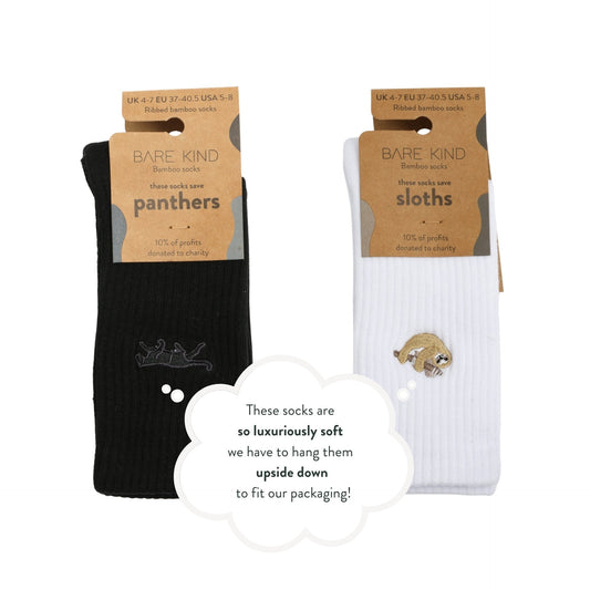 white sloth ribbed socks and black panther ribbed sock