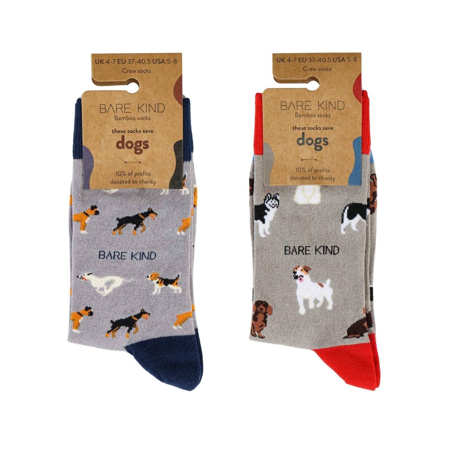 packaging flat lays of purple dog and grey dog bamboo socks