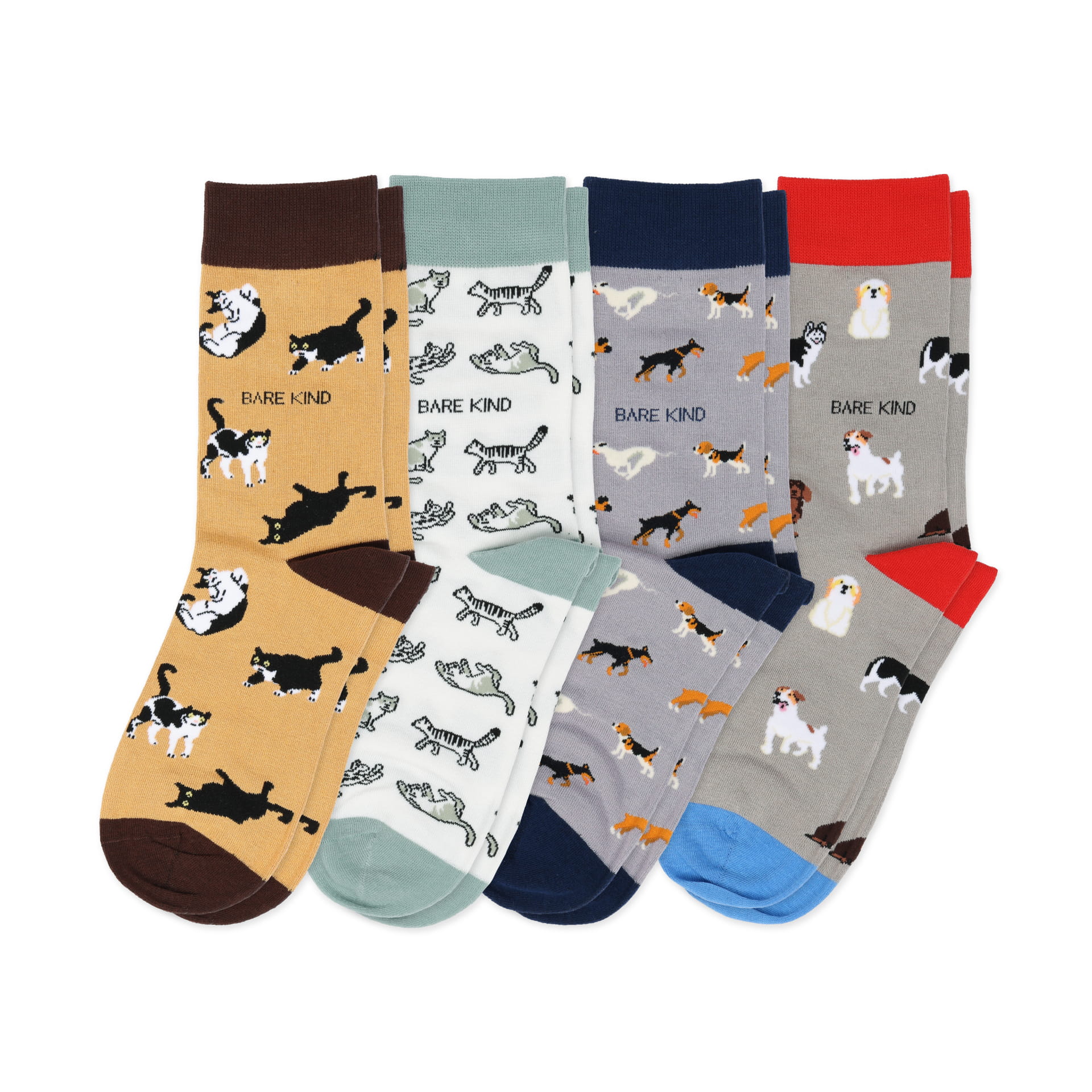 flat lays of brown cat, green cat, purple dog and grey dog bamboo socks