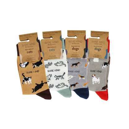 packaging flat lays of brown cat, green cat, purple dog and grey dog bamboo socks