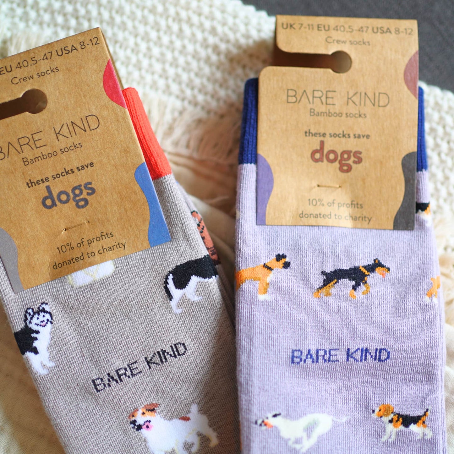 packagings of grey dog, purple dog bamboo socks