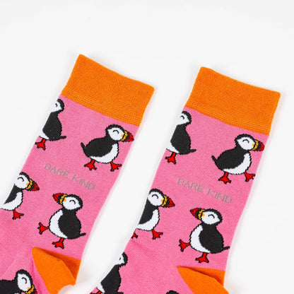 close up to pink puffin bamboo socks