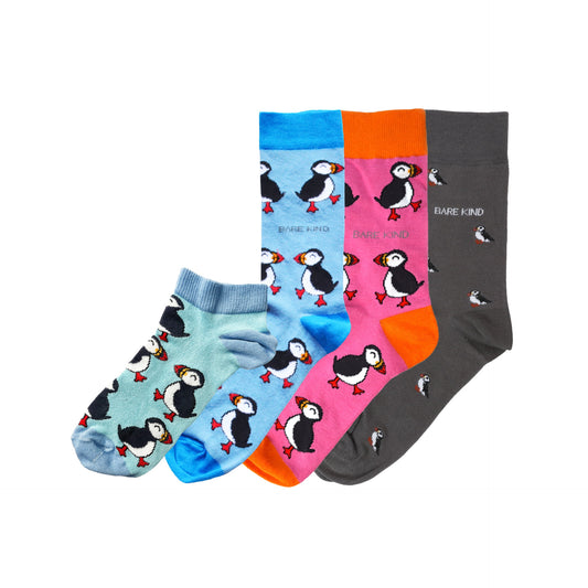 flat lays of blue, pink and grey small motif puffin bamboo socks