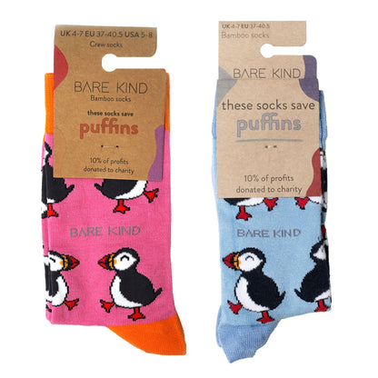 packaging flat lays of the puffin couple bundle of bamboo socks containing pink and blue puffin socks