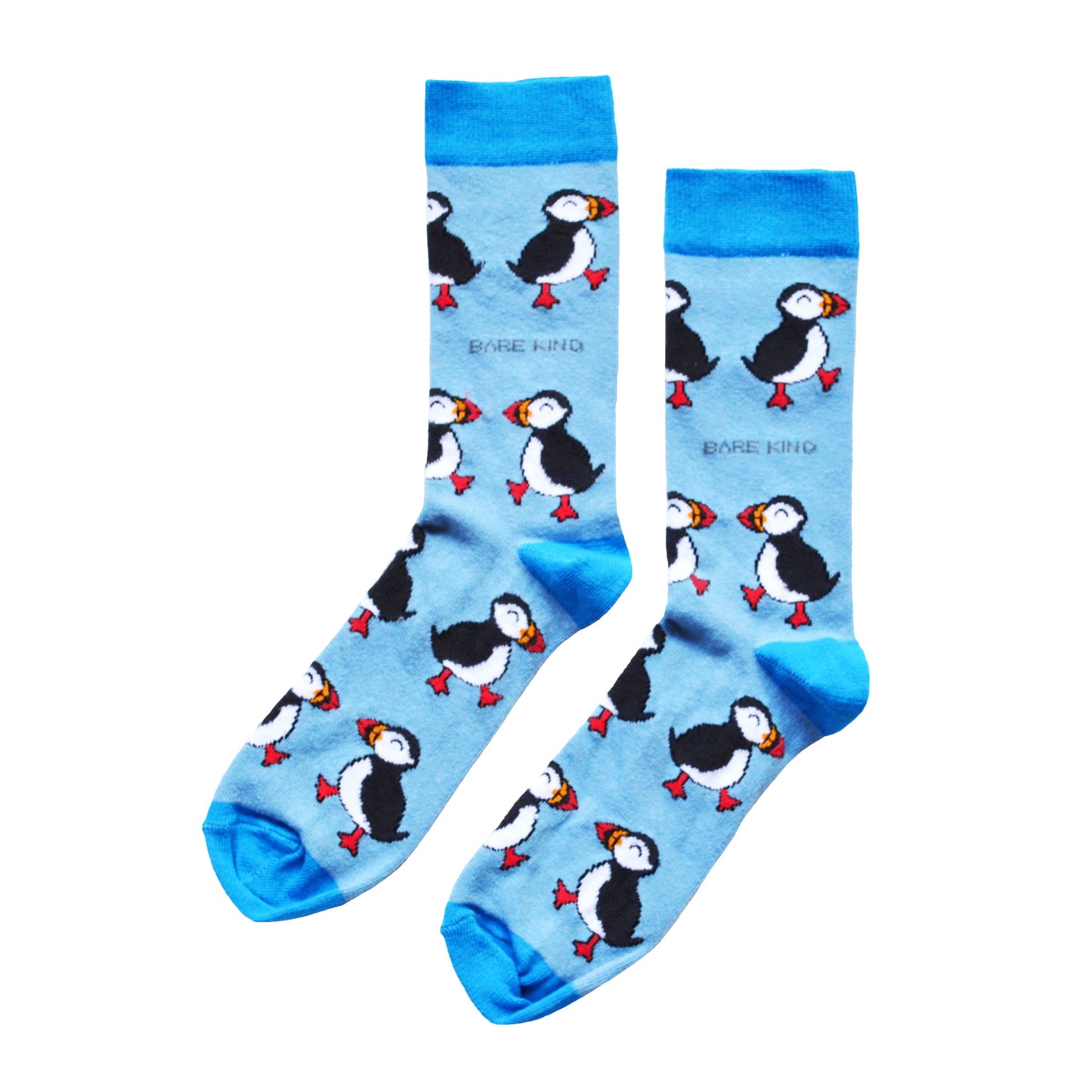 flat lay image of blue puffin bamboo socks