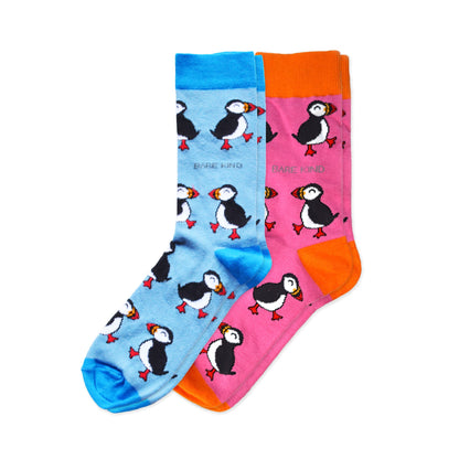 flat lays of blue puffin and pink puffin bamboo socks