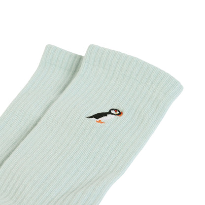 flat lays of blue puffin ribbed bamboo socks