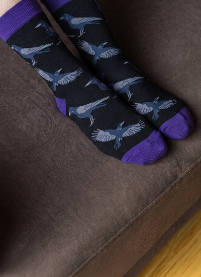 A pair of crew socks with a dark charcoal background, featuring a pattern of ravens and solid purple toes and cuffs, shown worn on feet resting on a brown fabric surface.