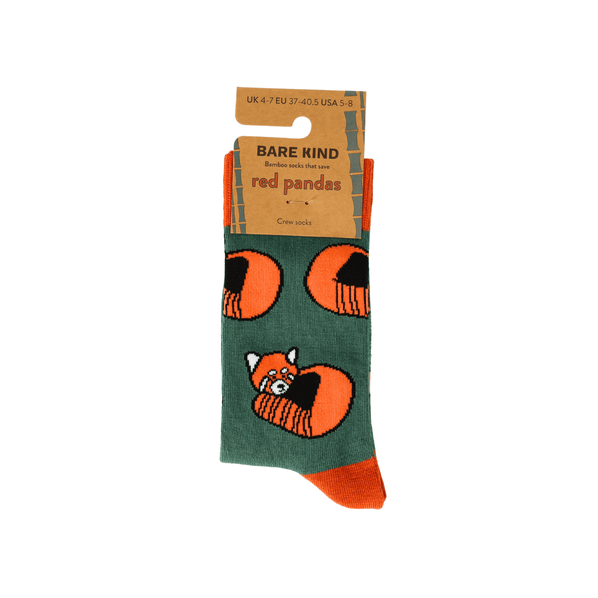 Green sock with red panda design and 'Bare Kind' packaging on a white background