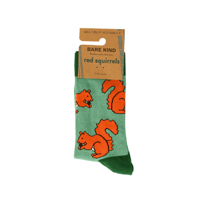 Green sock with red squirrel design and 'Bare Kind' packaging on a white background