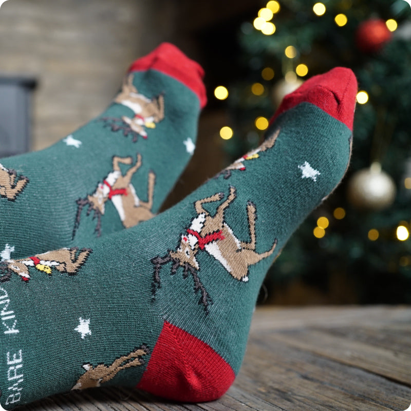 model wearing Bare Kind green reindeer bamboo socks