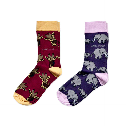 flat lays of red giraffe and purple elephant bamboo socks