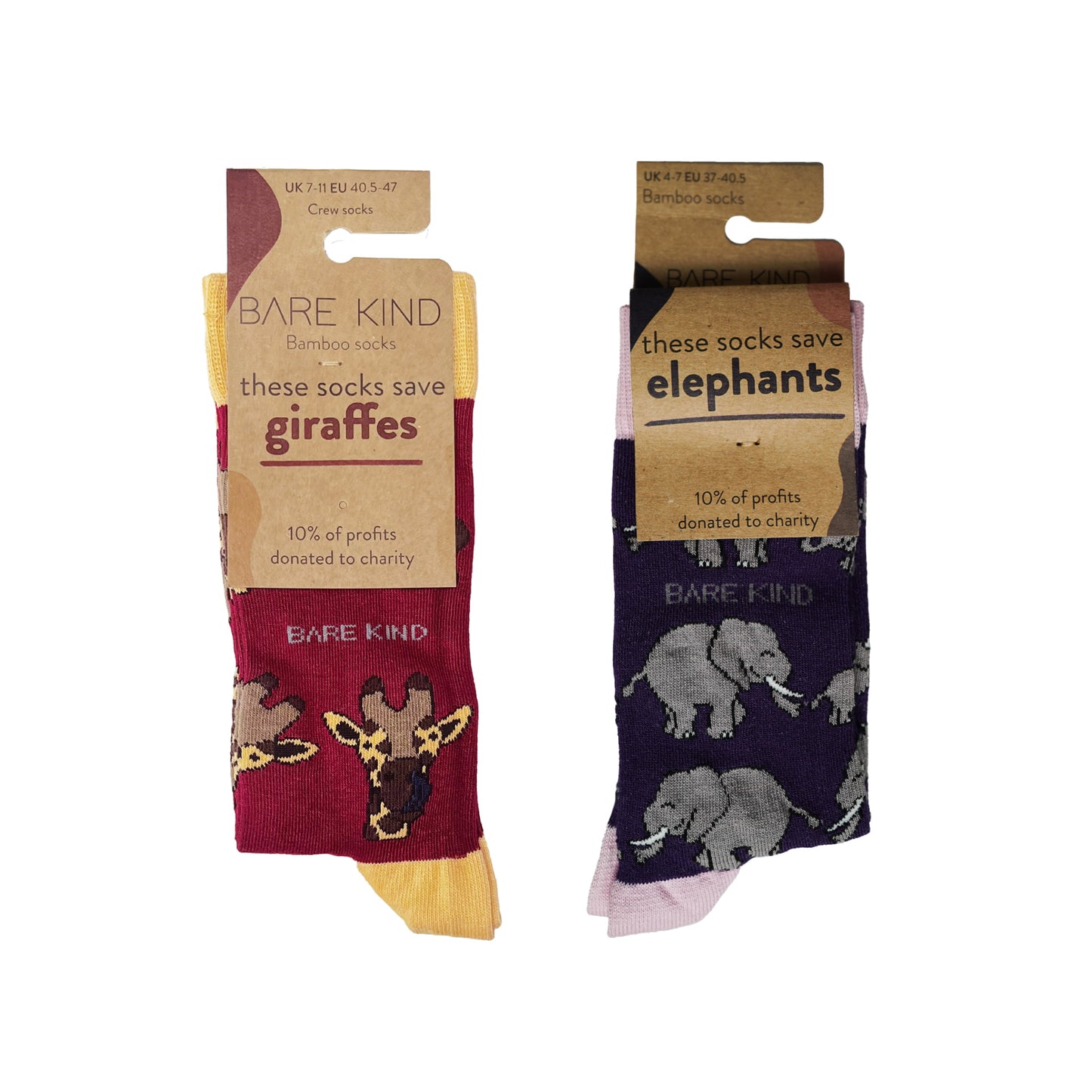 packaging flat lays of red giraffe and purple elephant bamboo socks