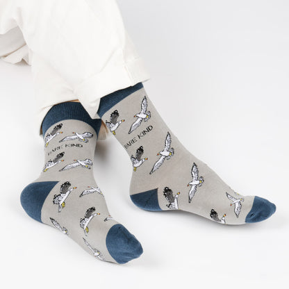 model wearing blue grey seagull bamboo socks