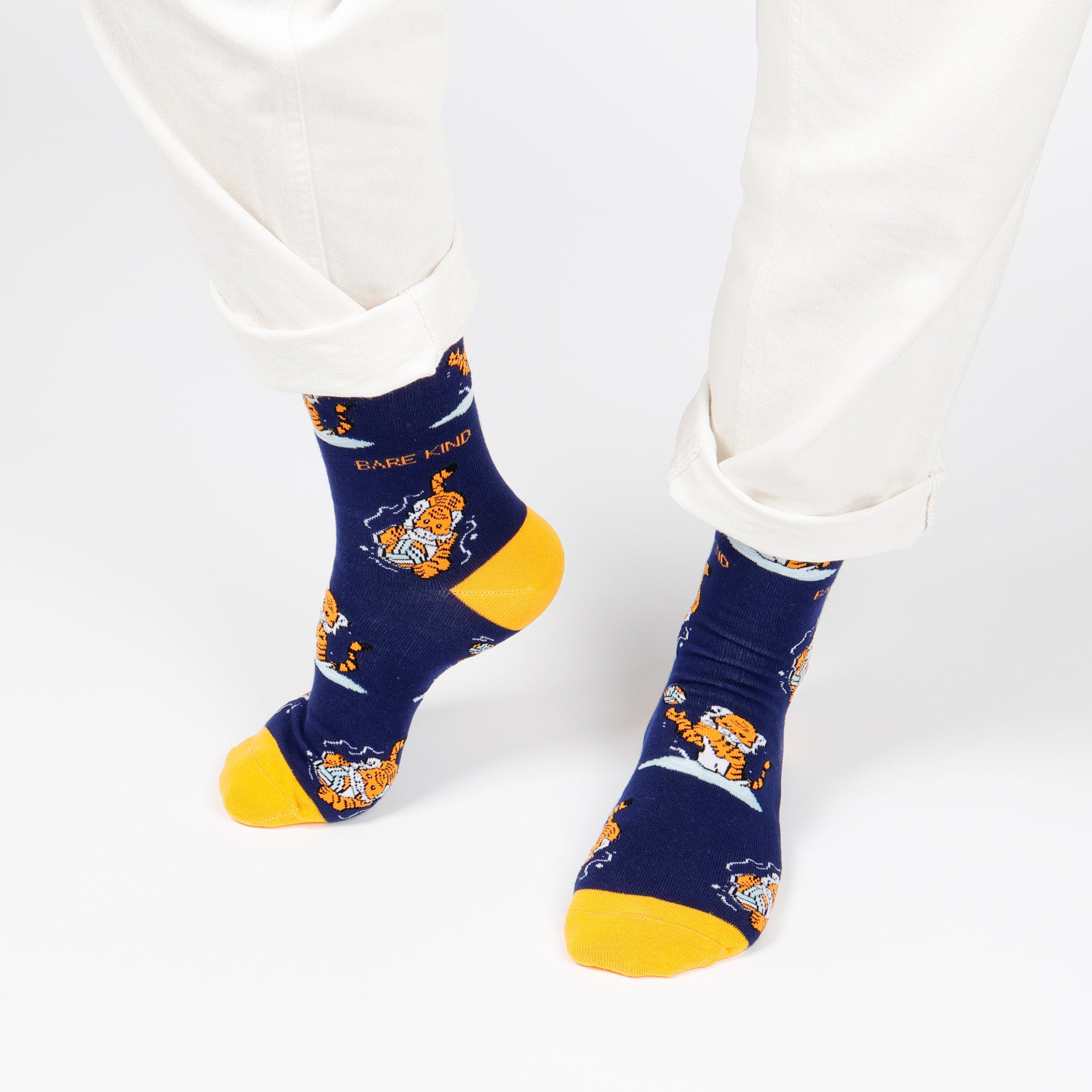 model wearing blue yellow sport tiger bamboo socks