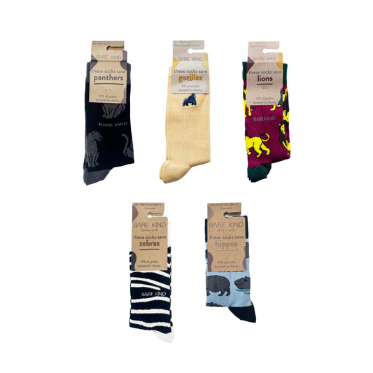 Bare Kind Strong&Fierce 5 pack bamboo socks which includes panthers, ribbed gorillas, lions, zebras, and hippos in 100% recyclable packaging
