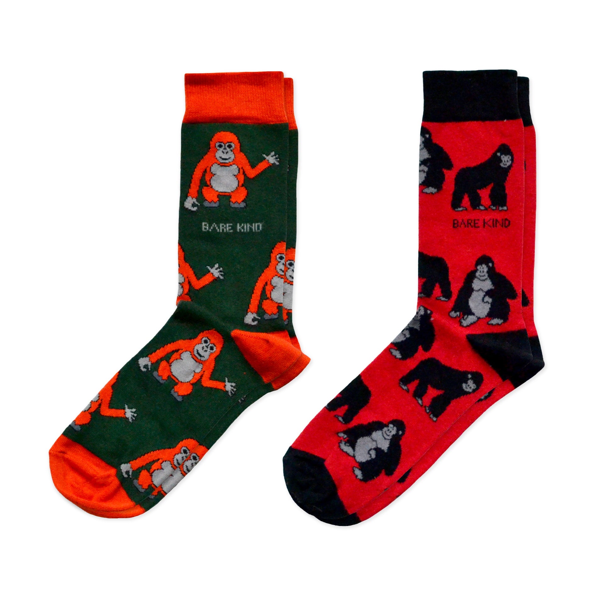 flat lays of green orange orangutan bamboo socks and red black gorilla bamboo socks