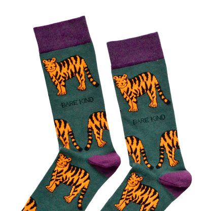 close up to green orange tiger bamboo socks