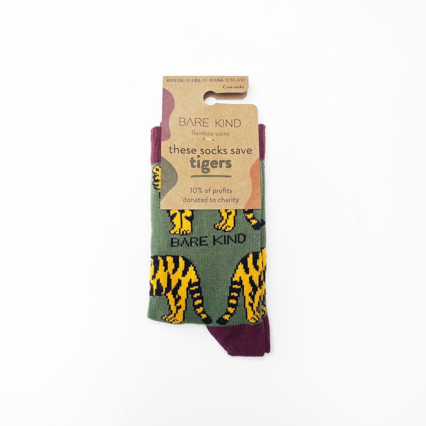 packaging of green tiger bamboo socks for kids