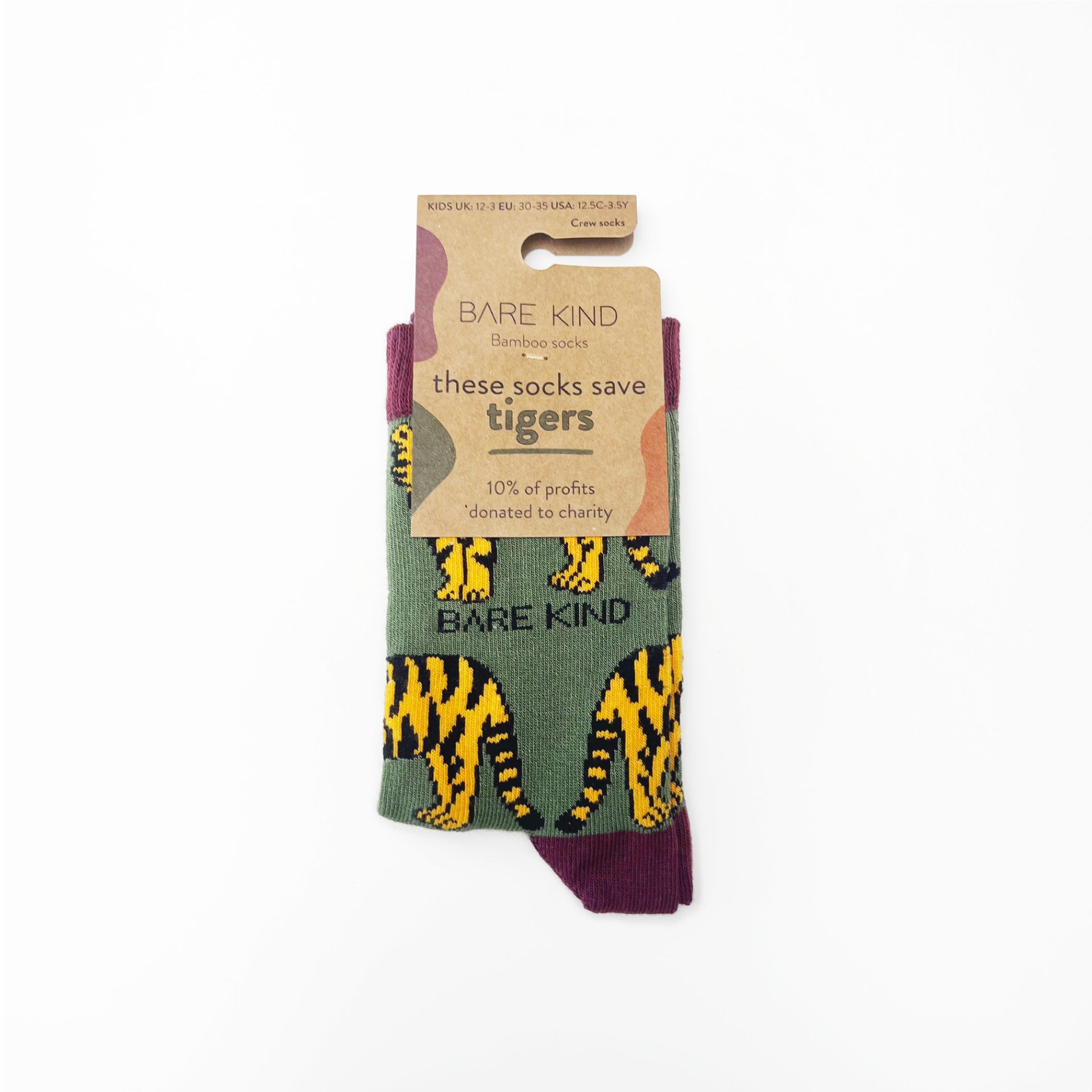 packaging of green tiger bamboo socks for kids