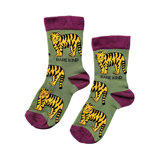 kids tiger socks made from bamboo with purple cuffs