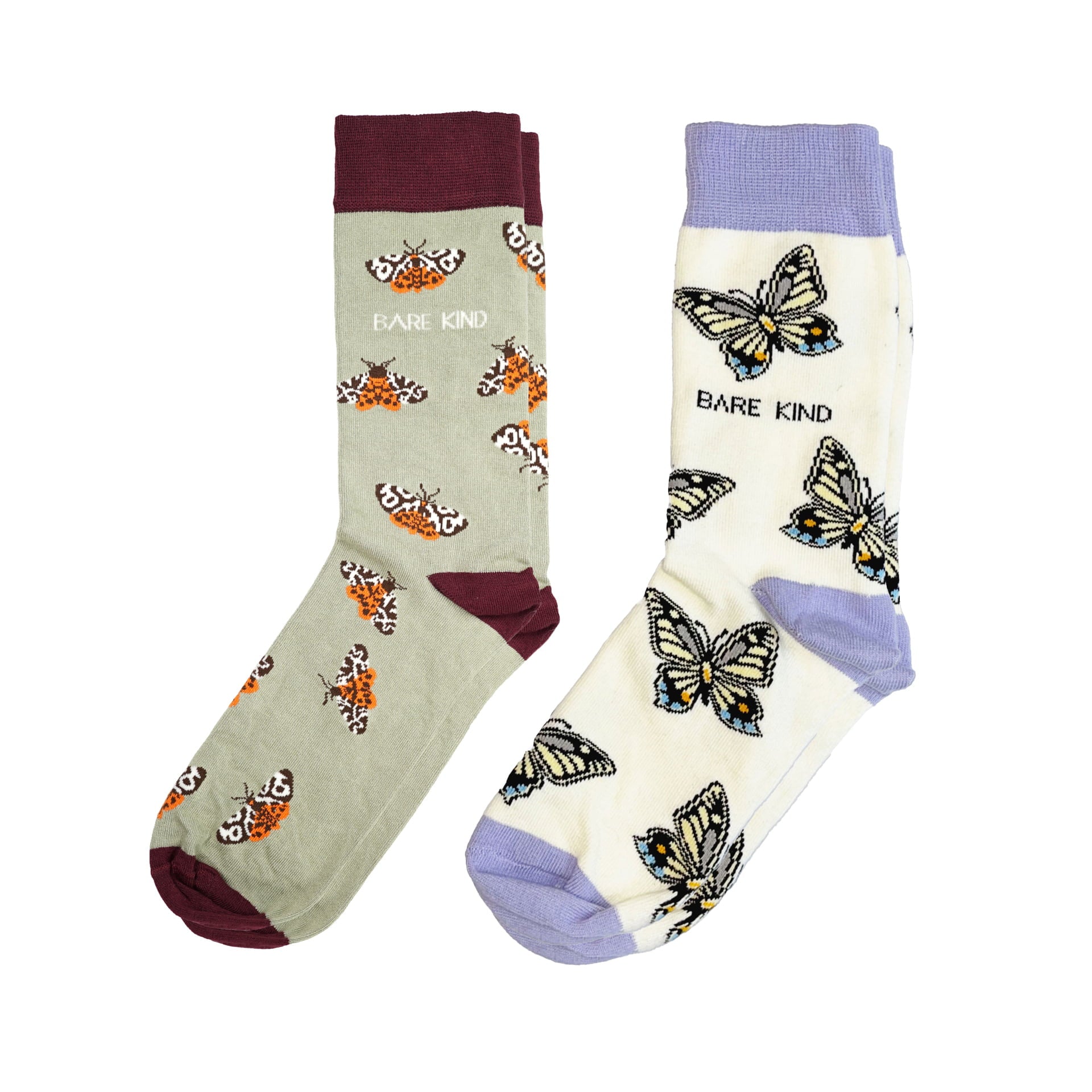 flat lays of tiger moth and butterfly bamboo socks 