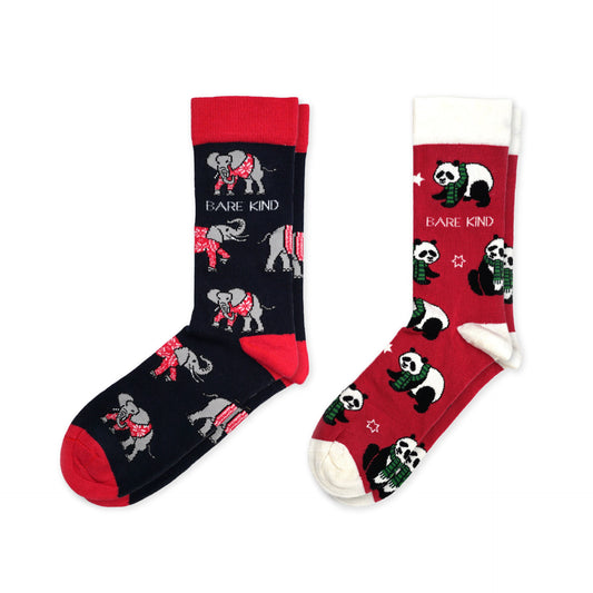 flat lays of Christmas elephant and panda bamboo socks