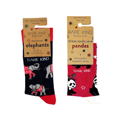 packaging flat lays of Christmas elephant and panda bamboo socks