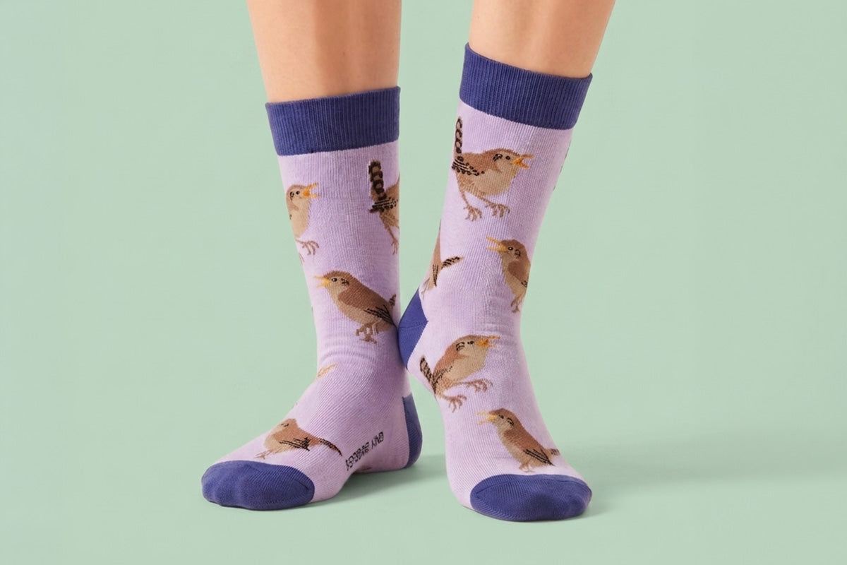 Purple socks with bird pattern worn by a person on a light green background